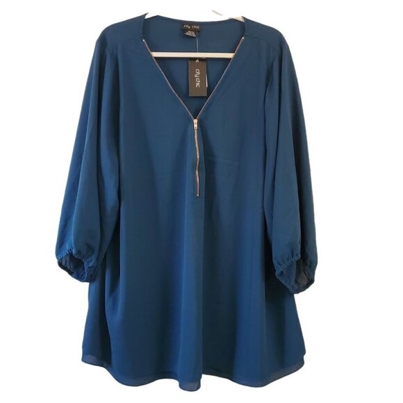 City‎ Chic Blouse XXL Teal Blue Sexy Fling Zip Front 3/4 Sleeve Top Relaxed NWT - Picture 1 of 10